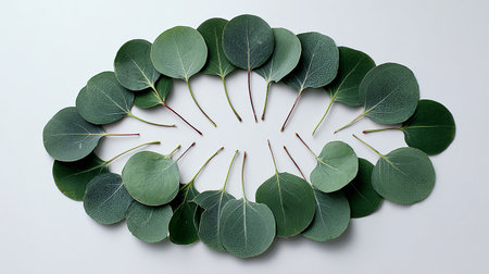 Eucalyptus leaves arranged in a circle on white backgroundの素材