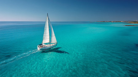 Aerial view of a sailboat sailing on the turquoise seaの素材