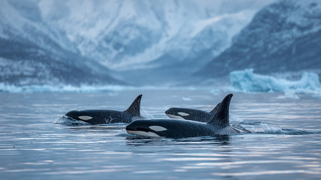Two killer whales swimming in the ocean. 3D Rendering.の素材