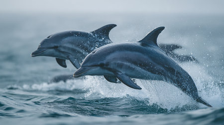 Dolphins jumping out of the water in the Atlantic Ocean. Toned.の素材