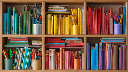 Bookshelf with different books and pencils as background, closeupの素材