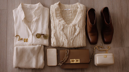 Women's clothing and accessories on a wooden background. Top view.の素材