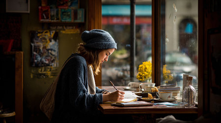 Young woman sitting in a coffee shop and writing notes in a notebookの素材