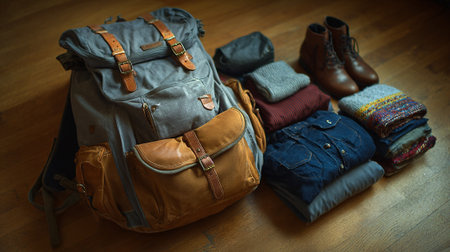 Hiking backpack and clothes on the wooden floor. Vintage style.の素材