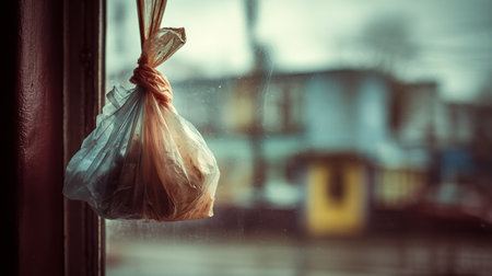 Bag of plastic waste on the windowsill. Selective focus.の素材