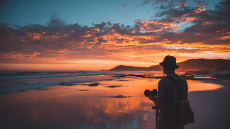 Photographer taking pictures of beautiful sunset on the beach, Bali, Indonesiaの素材