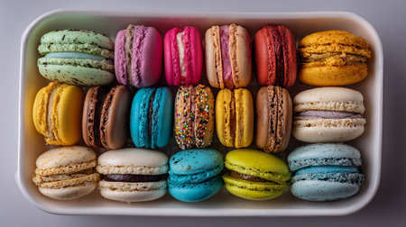 Colorful macaroons in a box on a white background.の素材