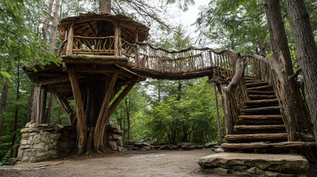 Wooden bridge in the forest. Beautiful view of the forest.の素材