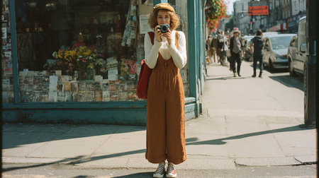 beautiful young redhead woman with vintage camera in the city streetsの素材