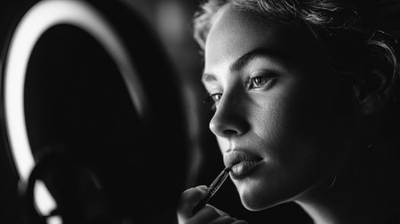 Portrait of a beautiful young woman applying make-up. Black and white photo.の素材