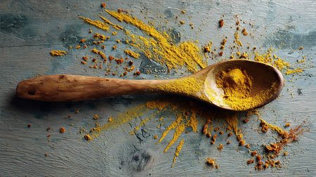 Turmeric powder in a wooden spoon on a rustic background.の素材
