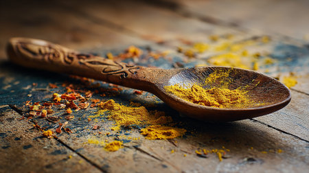 Turmeric powder in wooden spoon on rustic wooden background, selective focusの素材