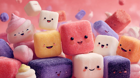 Funny colorful candies with funny faces on pink background. Concept of sweets.の素材