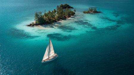 Aerial view of a tropical island with a white sailboat.の素材