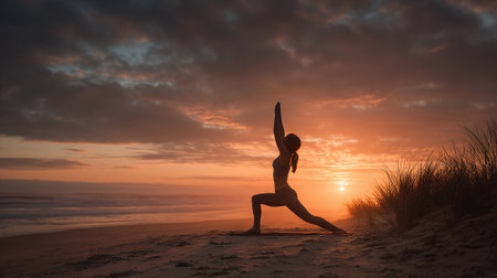 Silhouette of young woman practicing yoga on the beach at sunsetの素材