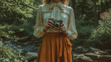 Young woman with vintage camera on the background of the river in the forestの素材