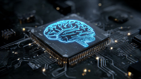 Close up view of circuit board with artificial intelligence icon 3D renderingの素材