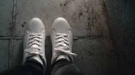 Selfie of white sneakers on the floor. Close-up.の素材