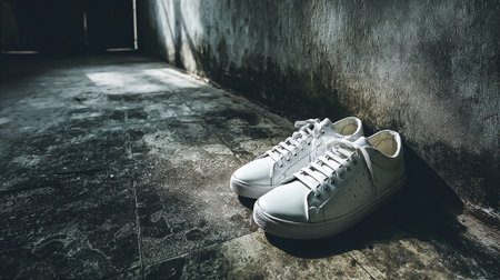 White sneakers on the floor in the dark room, vintage tone.の素材