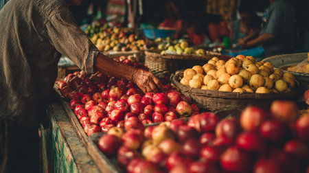 Fruits and vegetables for sale at a farmers market in India.の素材