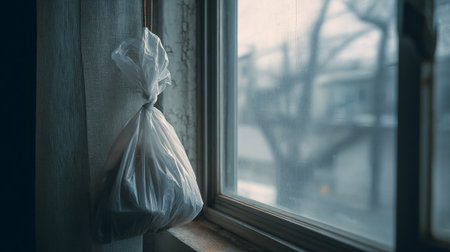 A white plastic bag hangs on the windowsill. The concept of garbage disposal.の素材