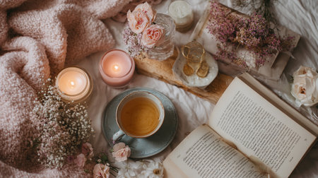 Cozy hygge home interior with a cup of tea, a book, candles and flowersの素材