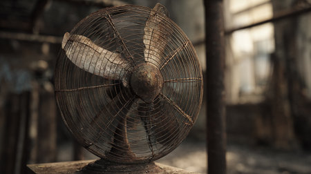 Vintage rusty fan in an abandoned factory. Selective focus.の素材