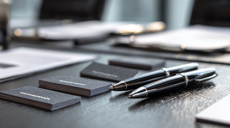 Close up of black and white business cards and pens on office deskの素材