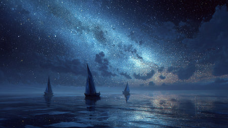 Sailing boats in the sea at night with stars and milky wayの素材