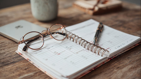 Notebook with pen and glasses on a wooden table, stock photoの素材