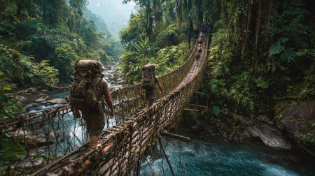 Hikers crossing the suspension bridge over the mountain river in the jungle.の素材