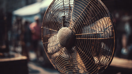 Vintage metal fan on the street. Retro style toned pictureの素材