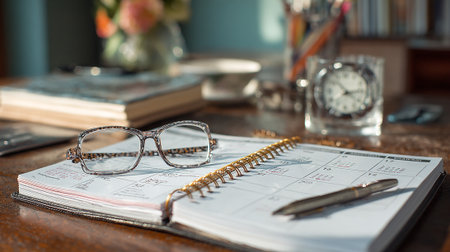 Eyeglasses and calendar on a wooden table in the office.の素材
