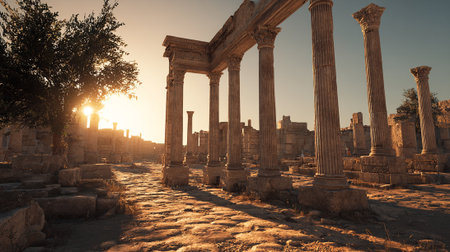 Ruins of the Temple of Apollo at sunset in Side, Turkeyの素材