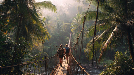 Man and woman walking on the suspension bridge over the river in the jungleの素材