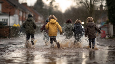 A group of children jumping in a puddle on a rainy dayの素材