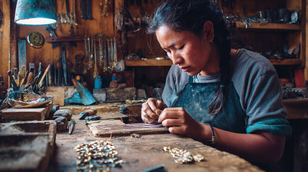 Female craftsman working in her workshop. Craftsman at work.の素材