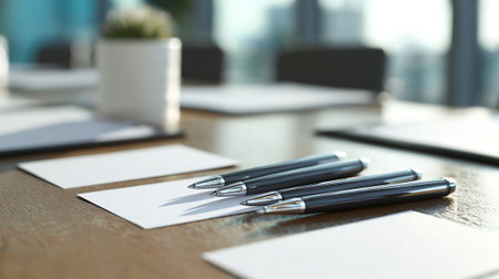 Pen and business cards on the table in the office, close upの素材