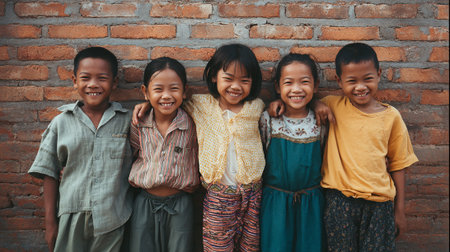 Group of happy asian children smiling and looking at camera against brick wallの素材