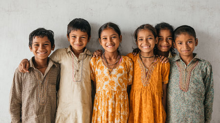 group of happy indian kids smiling at camera in front of white wallの素材