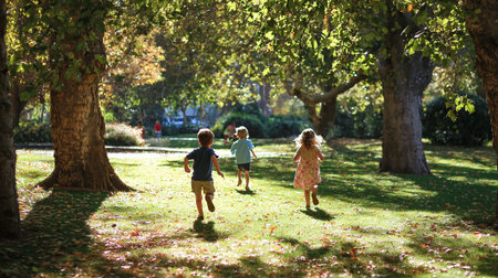 Group of children playing together in the park on a sunny autumn dayの素材