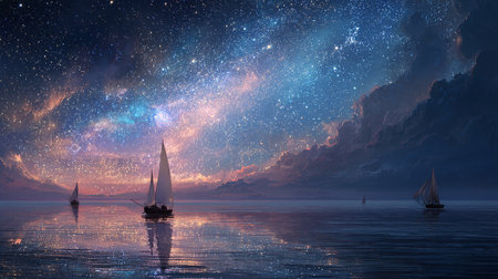 Sailing boat in the sea at night. 3D illustration.の素材