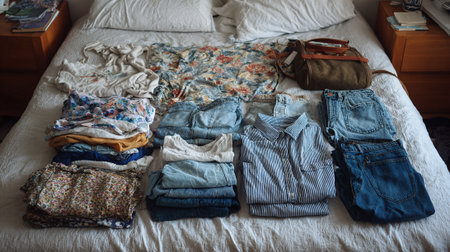 Messy clothes on the bed in a hotel room. Selective focus.の素材