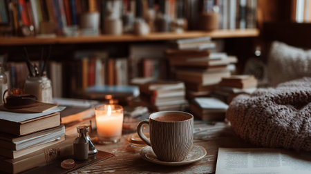 Cup of coffee on the table with books and candles in the libraryの素材