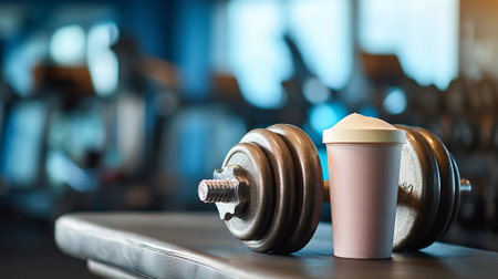 Coffee cup and dumbbells on the table in the gymの素材