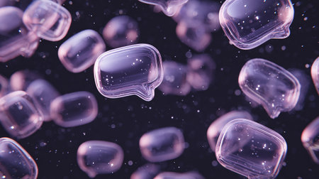 3D illustration of a group of transparent bubbles floating in the airの素材