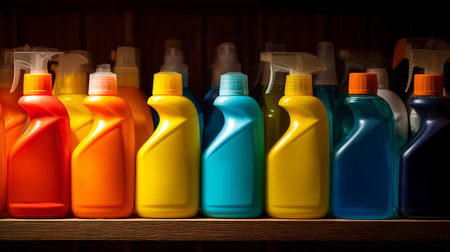 Colorful cleaning products on a shelf in a store. Shallow depth of field.の素材