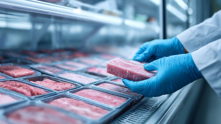 Close-up of the hands of a worker in gloves holding frozen meat in the refrigeratorの素材