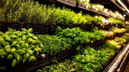 Fresh herbs on the shelves in the market. Selective focus.の素材