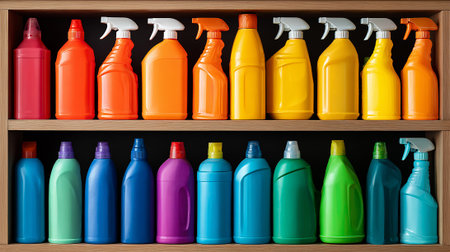 Colorful plastic bottles of cleaning products on a wooden shelf. 3d renderingの素材